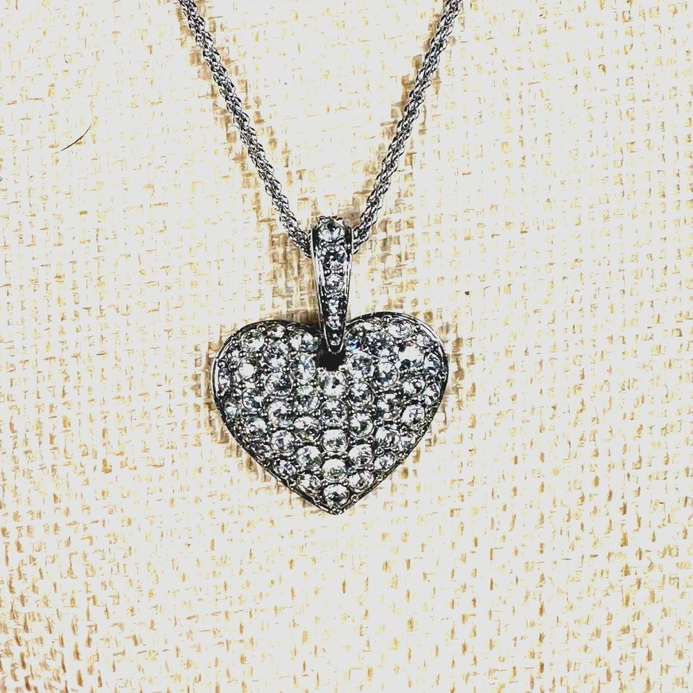 Vintage 1990s Swarovski Pave Crystal Puffy Heart Necklace Rhodium Plated Signed